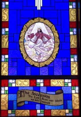 A closeup of one of the stained-glass windows
